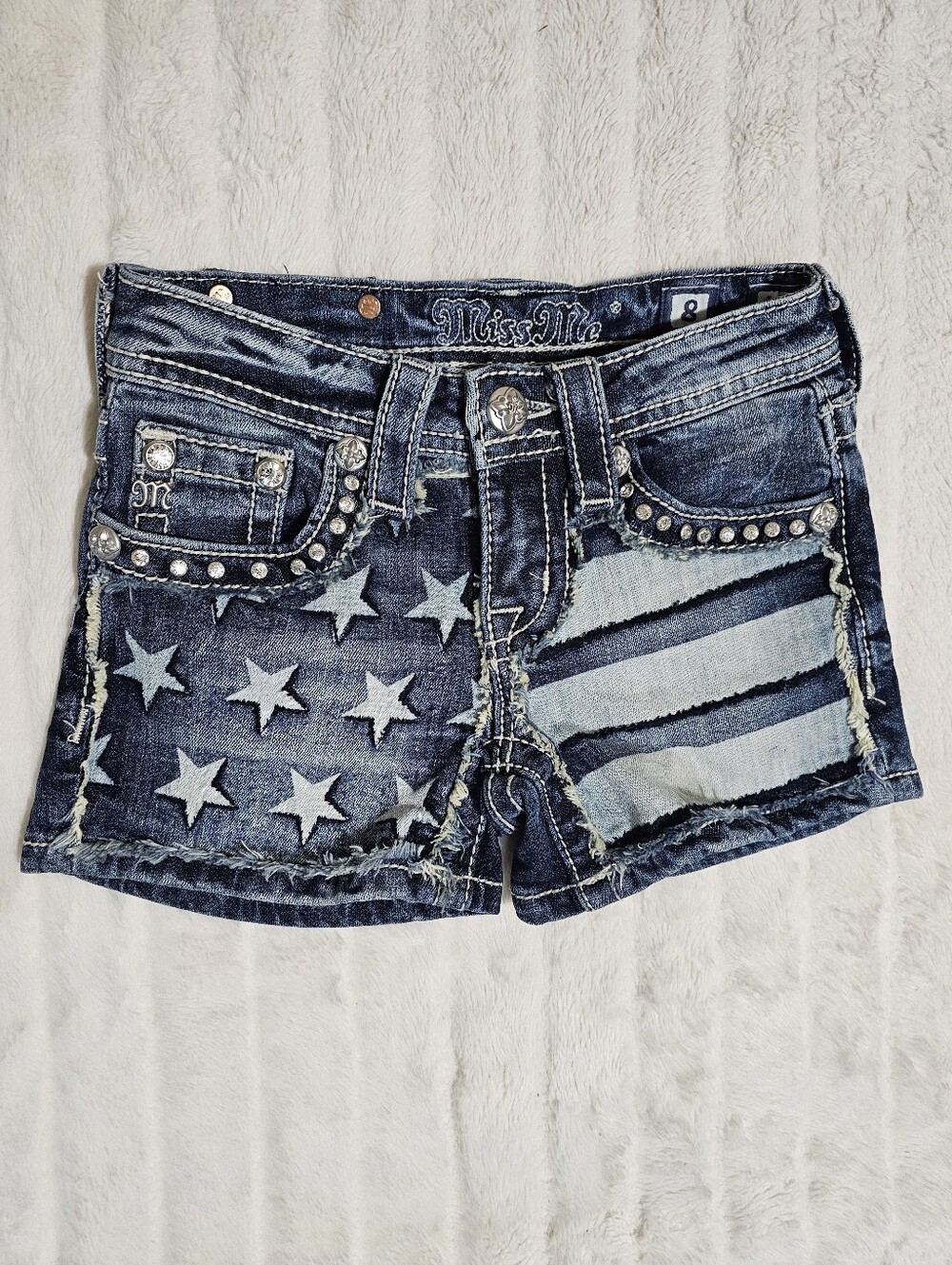 Miss Me Girls American Flag Denim Shorts Size 8 Rhinestone Patriotic USA